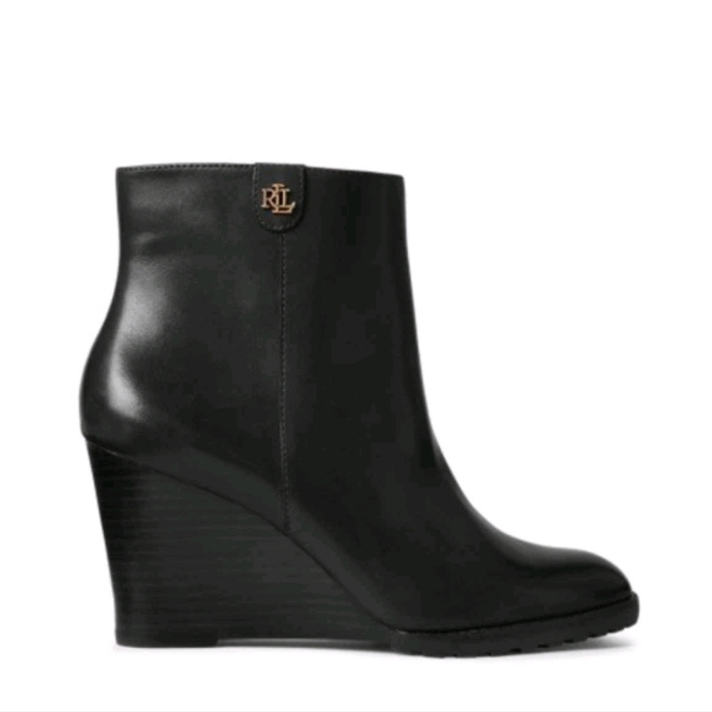 Ralph Lauren Black Leather Wedge Ankle Boot Shaley Zipper 10 As Is